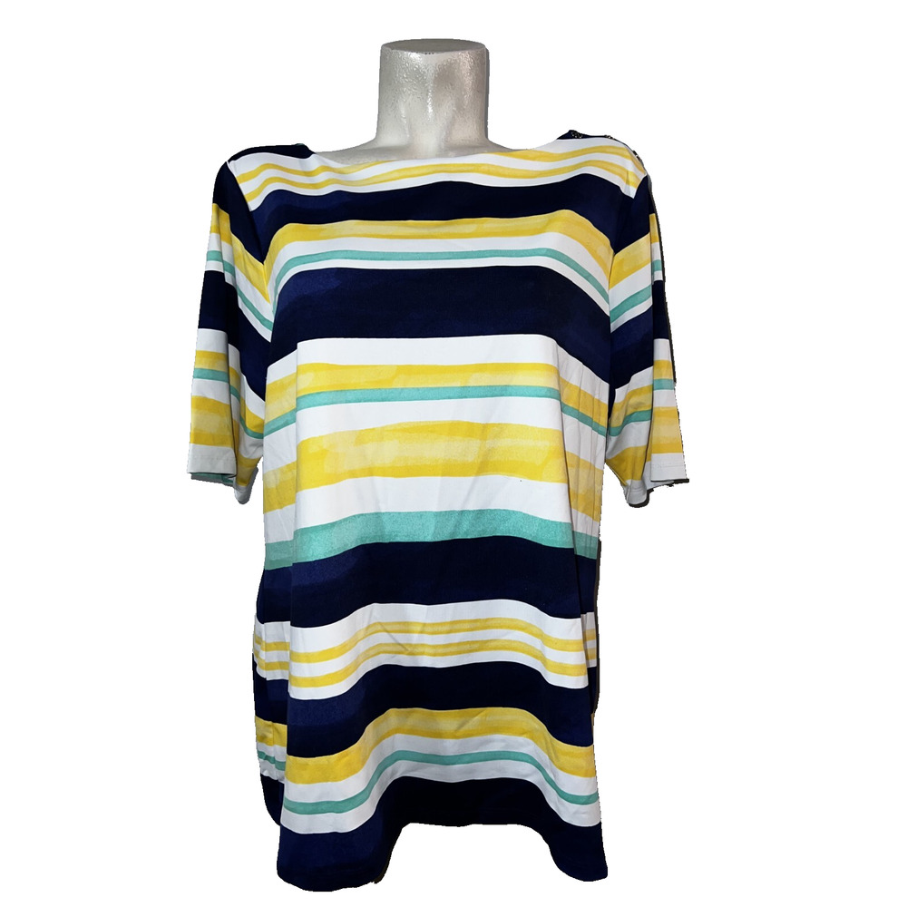 CHARTER CLUB Top Women's Size 2X Blue Yellow Stretch Knit Easy Care Travel Tunic